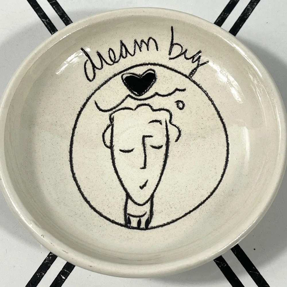 Handmade Signed Ceramic Trinket Dish Dream Big Face‎ Heart Black Art Small Bowl